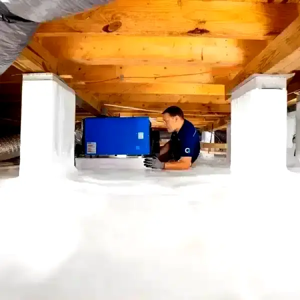 technician working in a crawl space encapsulation in Lexington, KY technician working in a crawl space encapsulation in Lexington, KY