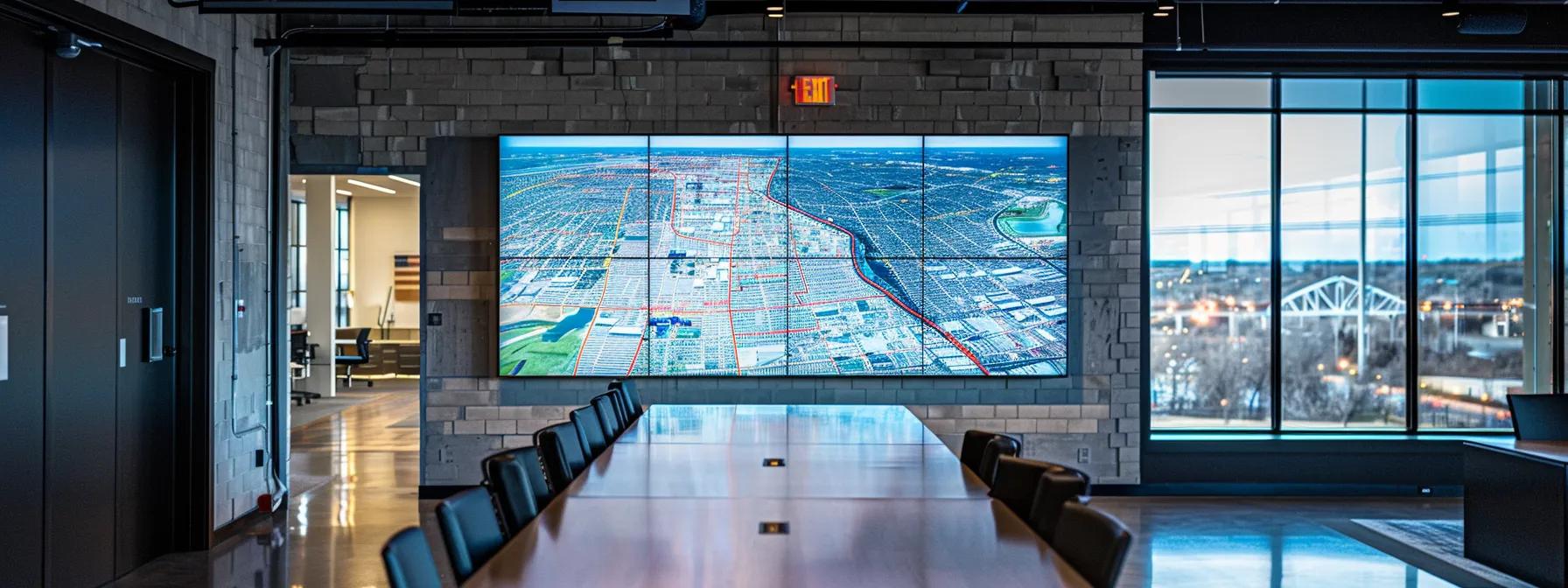 a detailed urban map of rockford, il, displayed prominently on a sleek digital screen in a modern office setting, highlights the diverse service areas for affordable basement waterproofing, with vibrant geographic markers to emphasize accessibility and coverage.
