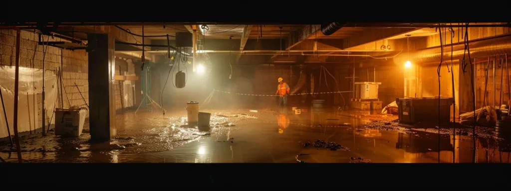 a flooded, damp basement dramatically contrasts with a team diligently applying waterproofing material to the walls, illuminated by bright overhead lights that enhance the urgency of the ongoing project.