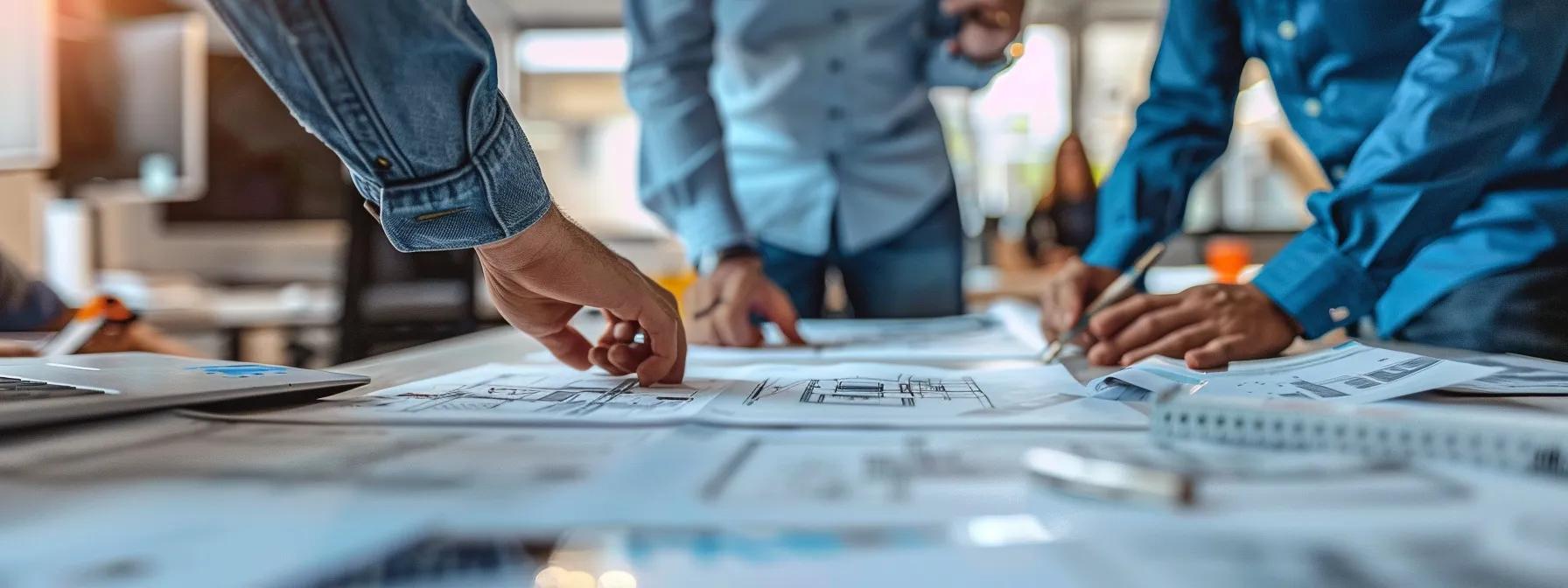 a focused office setting showcases a polished conference table surrounded by professionals engaged in a strategic discussion, highlighting local service provider evaluations for basement waterproofing in rockford, il, with visuals of blueprints and credentials on display.