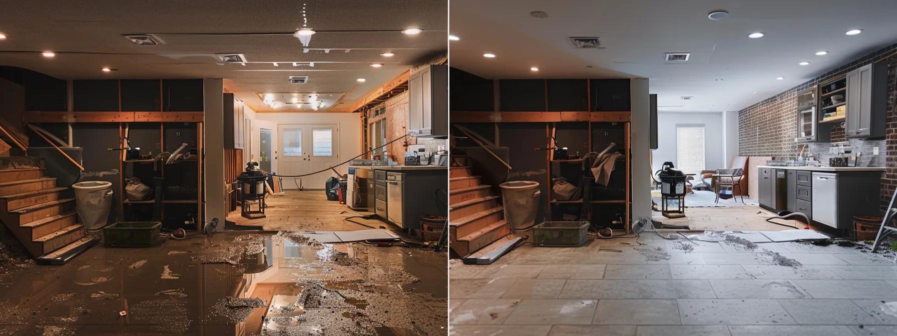 a meticulously organized basement renovation workspace in an urban home, showcasing before-and-after transformations of waterproofing solutions with vibrant lighting highlighting the stark contrast between the previously water-damaged area and its newly dry, functional state.