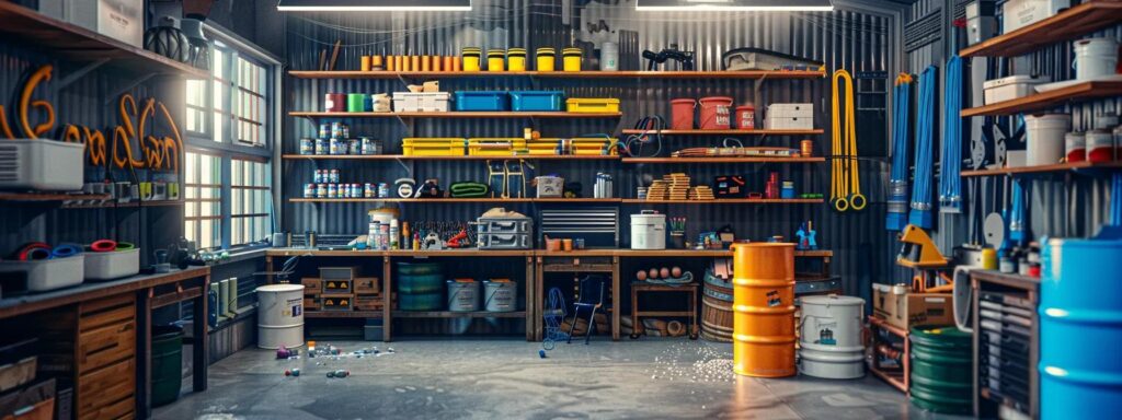 a meticulously organized home improvement workspace showcasing budget-friendly waterproofing materials, such as colorful coatings and sealants, is illuminated by bright, industrial lighting, creating a vibrant atmosphere of proactive home maintenance.