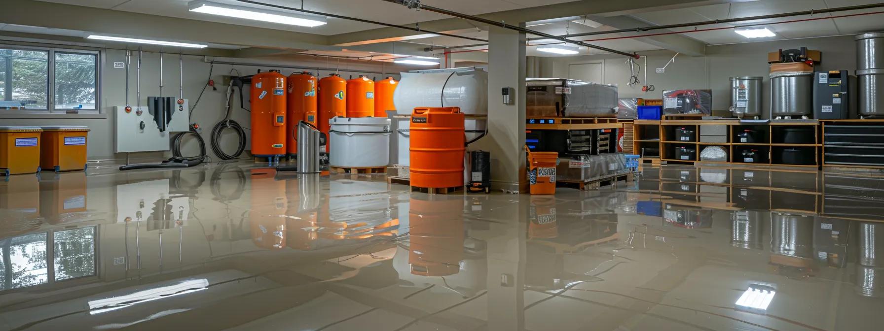 a modern basement repair workspace in rockford, il, showcasing a diverse selection of waterproofing materials, including sleek polyurethane sealants and a robust sump pump, illuminated by bright fluorescent lighting that highlights the practicality and durability of each product.