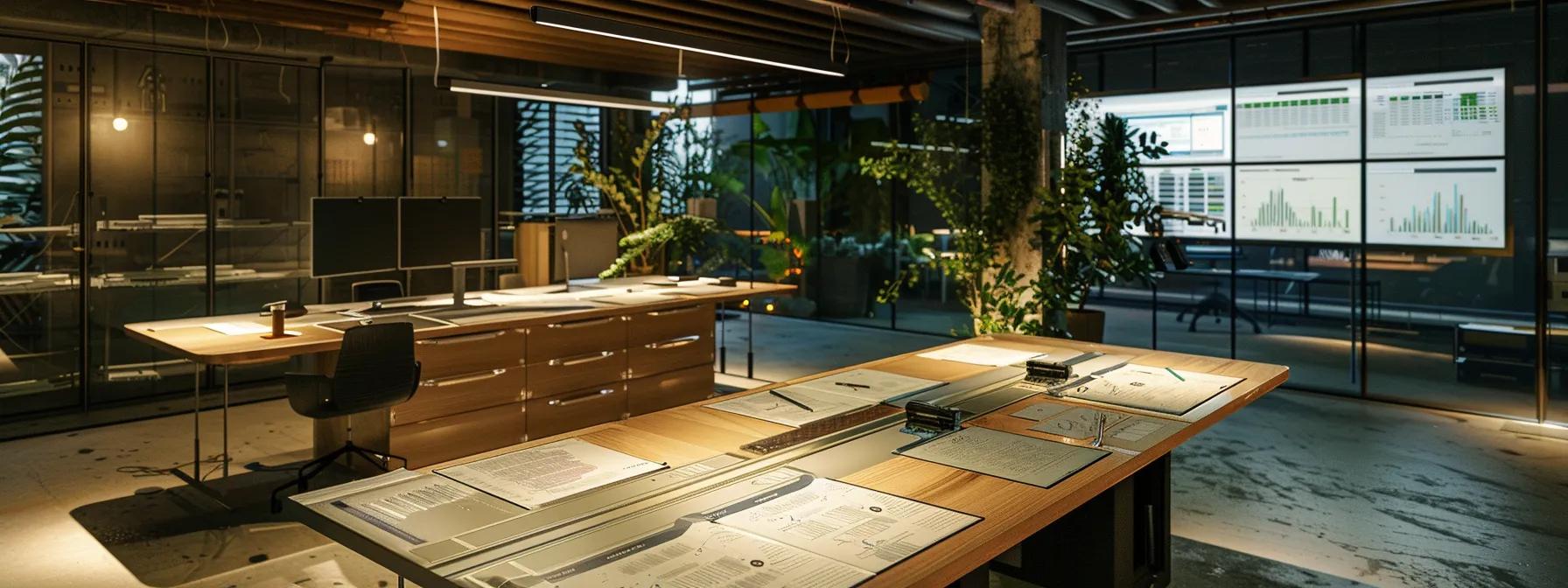 a modern office space features a large conference table with detailed documents and charts on basement waterproofing service charges, illuminated by soft overhead lighting to emphasize the analytical discussion.
