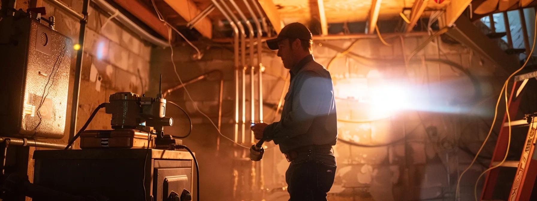 a professional basement waterproofing team in rockford, il, conducts a thorough inspection inside a dimly lit basement, showcasing advanced tools and moisture-resistant materials while emphasizing their commitment to accessible and effective service solutions.
