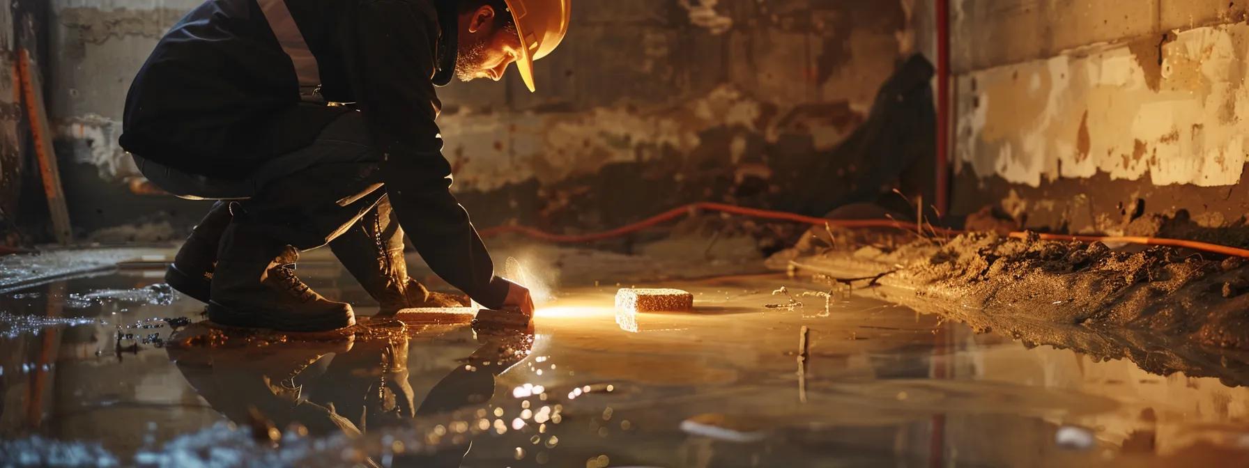 a professional contractor inspects a damp foundation in an urban setting, surrounded by waterproofing materials and tools, highlighting key factors that influence pricing in waterproofing projects.