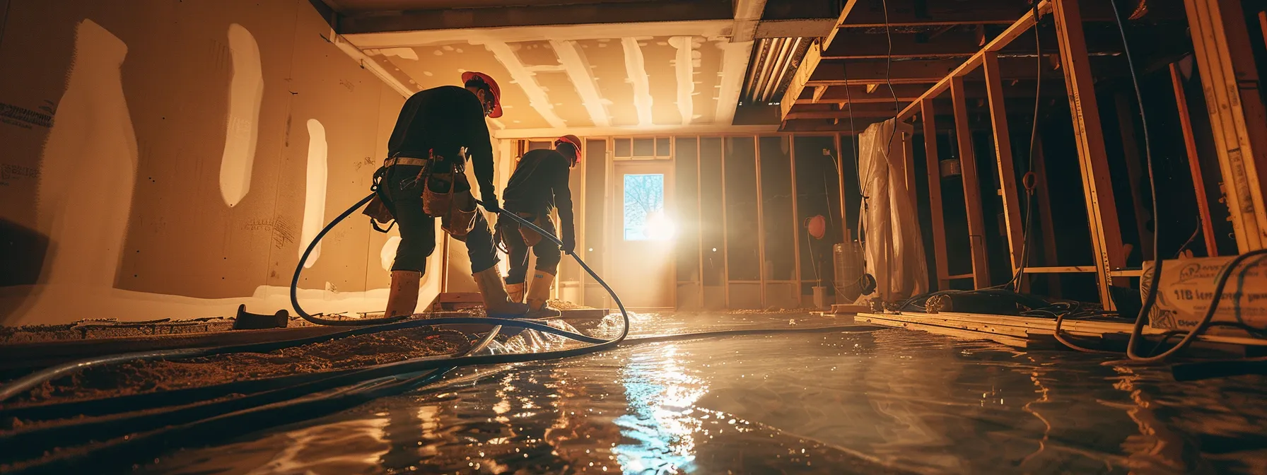 a professional team is diligently applying a sleek waterproofing membrane to a sturdy basement foundation, surrounded by tools and materials, under bright construction site lighting, emphasizing the transformative process of property protection in rockford.
