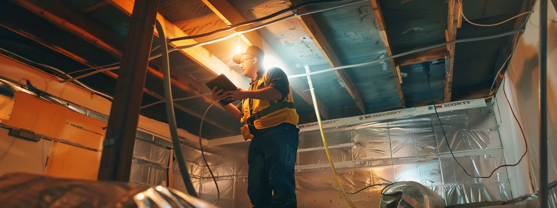 a professional waterproofing contractor inspects a freshly treated basement, showcasing sleek, modern equipment and a clear, dry environment illuminated by bright overhead lights, emphasizing the importance of effective mold management and safety.