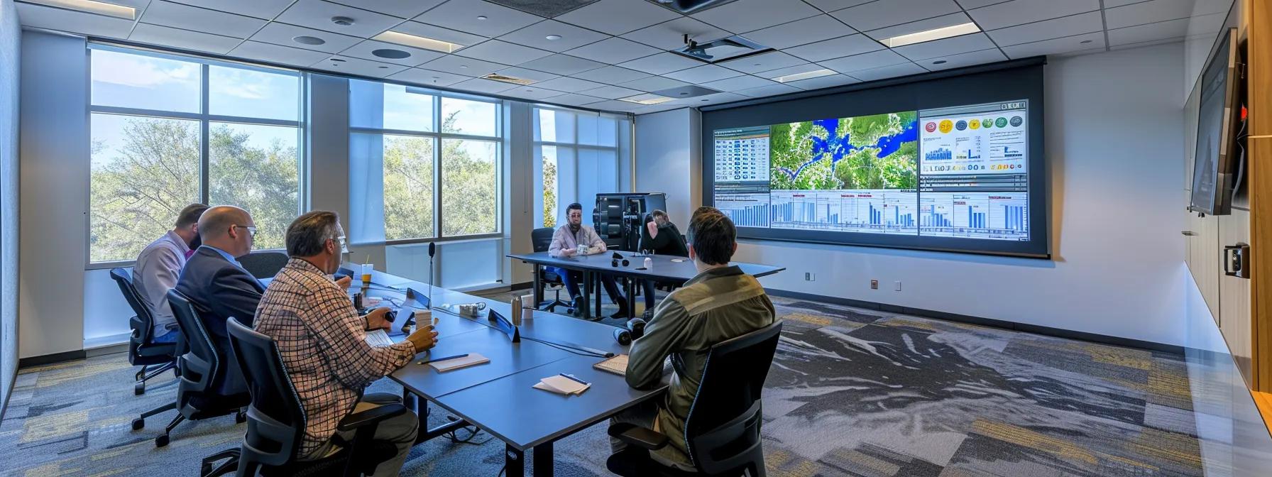 a sleek, modern office conference room features an interactive display screen showing a detailed comparison chart of waterproofing solutions, with professionals engaged in discussion, highlighting key features and cost-effectiveness strategies.