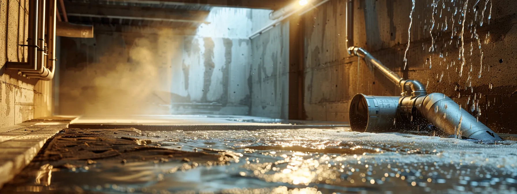 a visually striking scene of a well-lit basement undergoing comprehensive waterproofing, showcasing advanced exterior sealing techniques and an innovative interior drainage system poised for installation, symbolizing protection against snow and water damage.