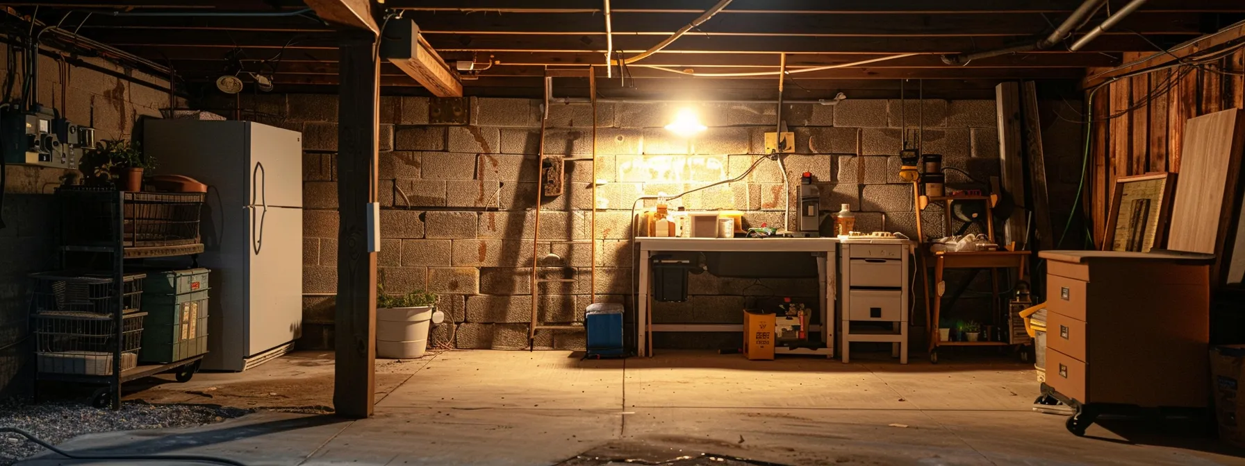a weathered basement in rockford, illuminated by moody, diffused light, reveals signs of water intrusion and peeling drywall, highlighting the urgent need for effective waterproofing solutions against the backdrop of climate challenges.