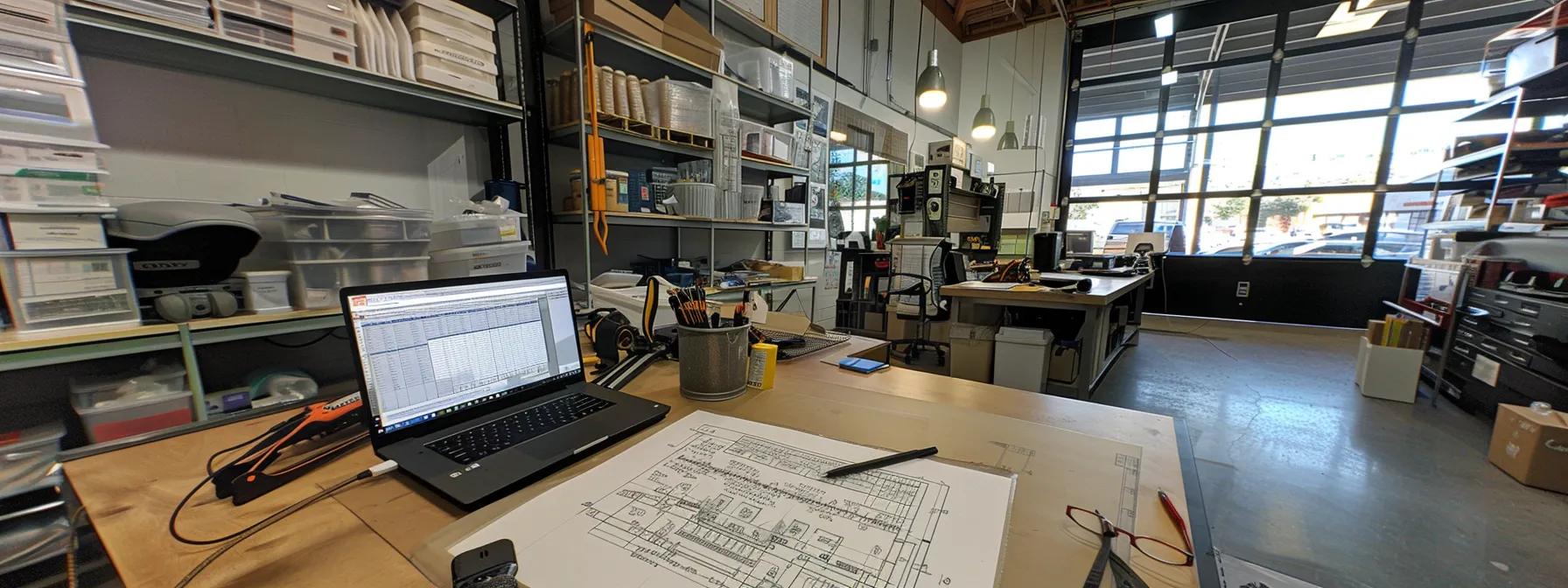 a well-organized, modern office setting with a large table covered in detailed plans and blueprints for waterproofing, a laptop open displaying a pricing spreadsheet, and a confident professional discussing with a client, surrounded by tools and materials essential for property maintenance.
