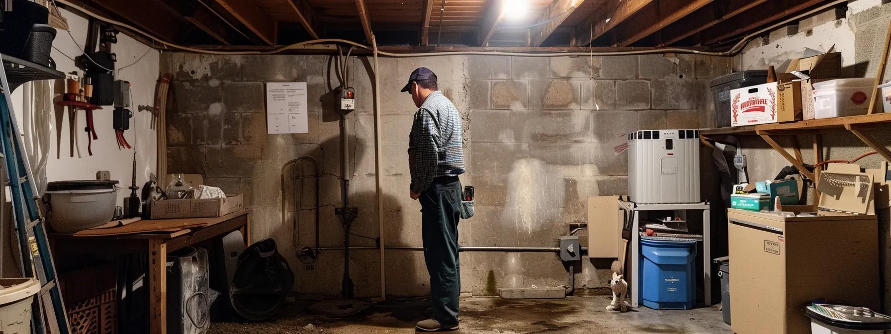 a well-lit, organized basement inspection in progress, showcasing a professional examining walls for cracks, checking sump pump functionality, and scanning for signs of moisture or mold on clean, structured surfaces.