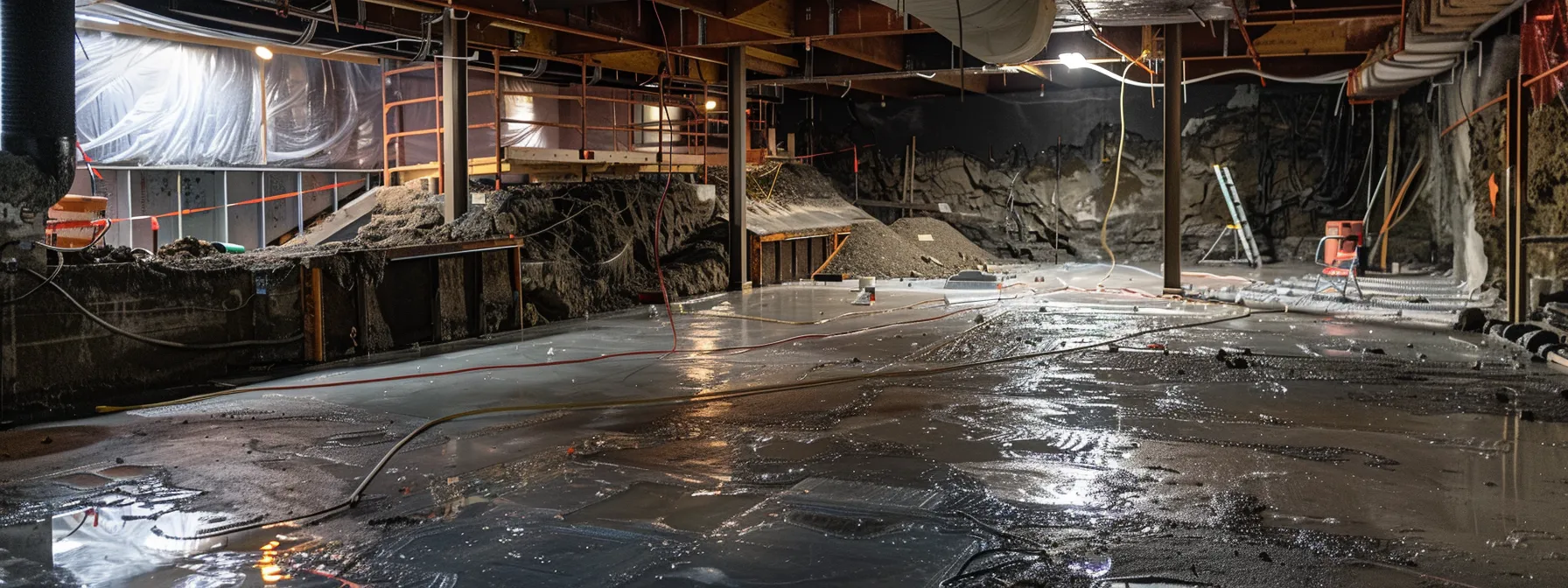 a well-lit, expansive view of a basement undergoing professional waterproofing, showcasing robust equipment and materials in action, highlighting the transformation from a damp, dark space to a bright, secure environment.