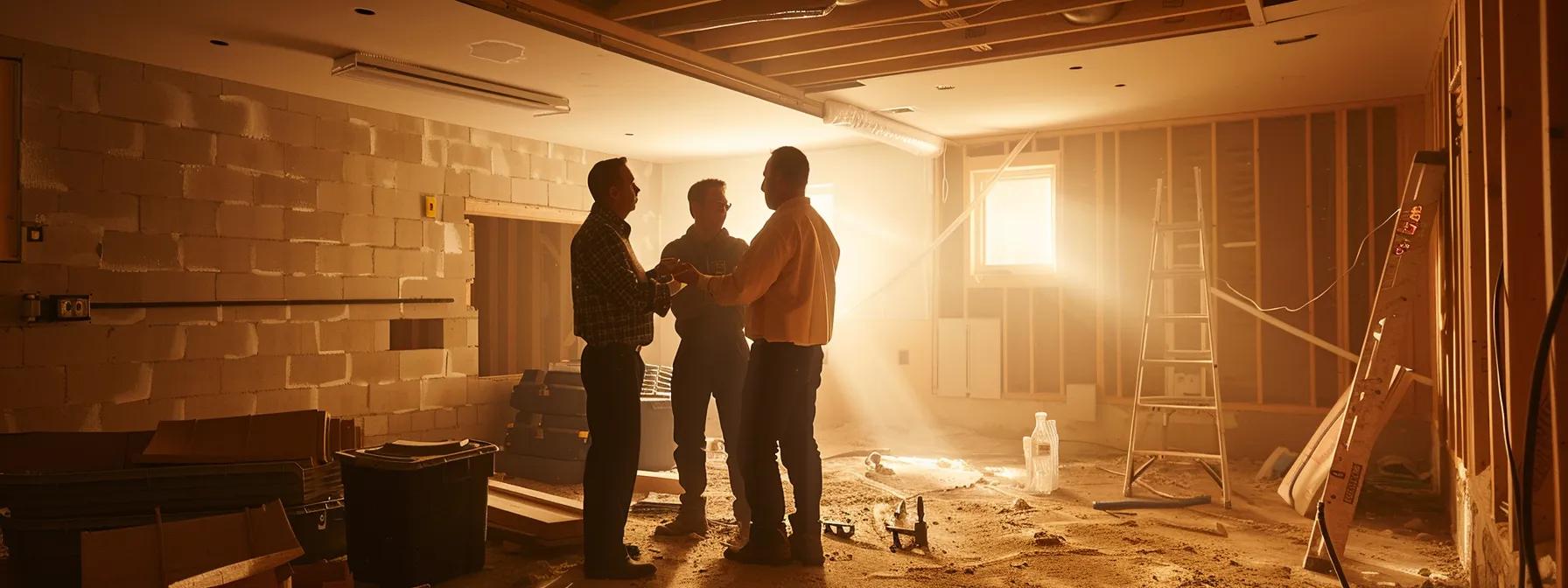 a well-lit, modern basement showing a team of professionals inspecting water-damaged walls and discussing repair plans with a homeowner, highlighting the seriousness and preparation involved in an affordable waterproofing project.
