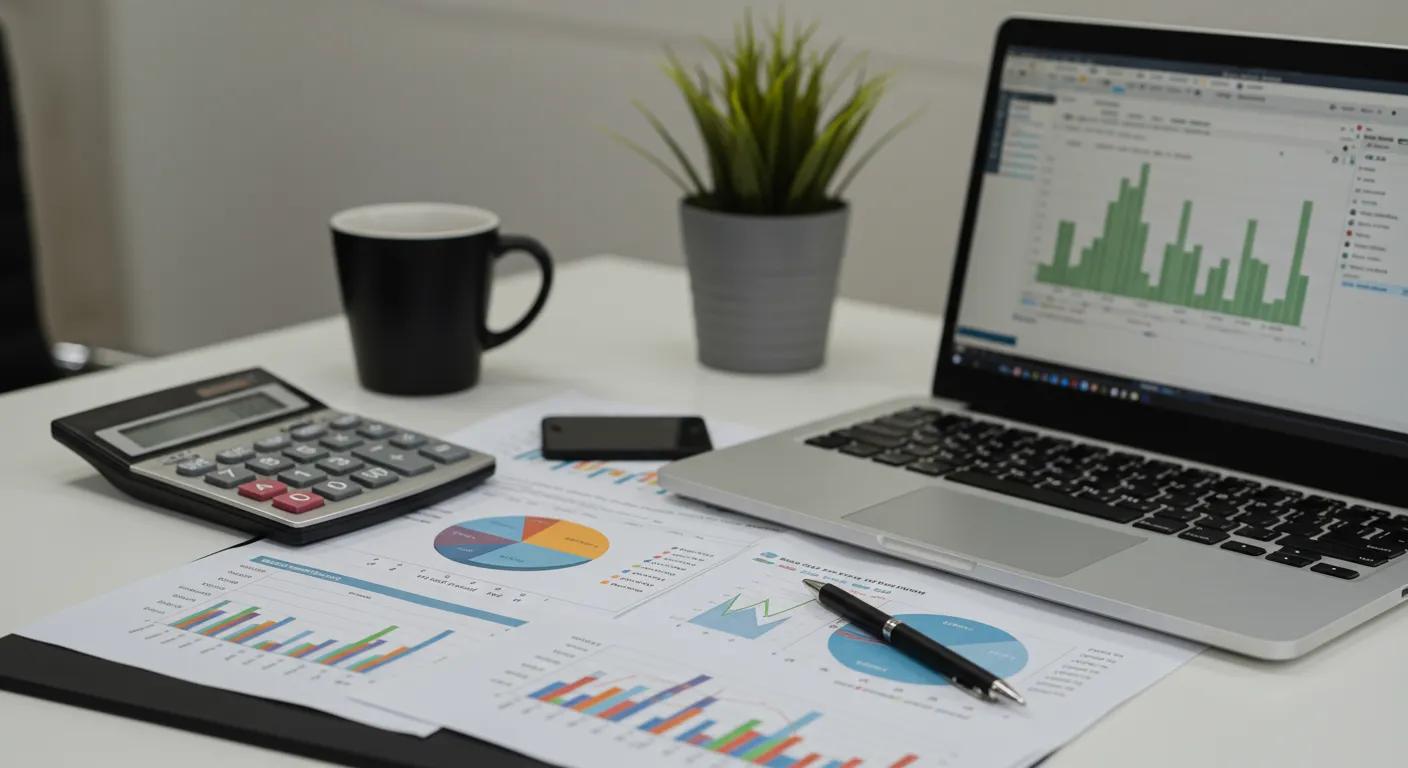 an organized, well-lit office space showcases a detailed budgeting chart on a sleek desk, emphasizing effective financial planning for basement waterproofing projects with graph paper, a calculator, and a laptop open to a budgeting software.