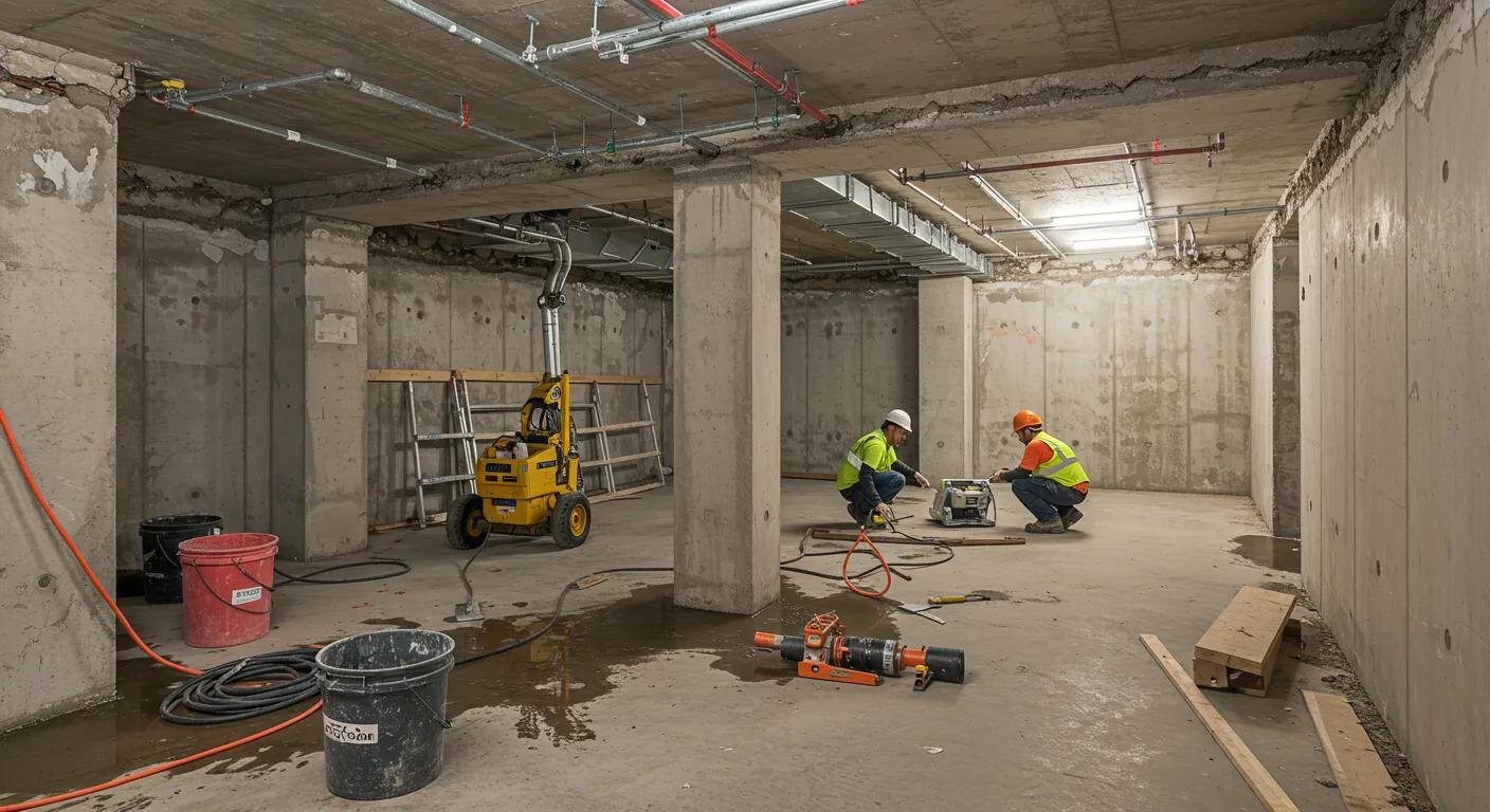 a detailed view of a modern basement undergoing waterproofing, featuring construction workers assessing the damp walls and floor with tools and materials scattered around, all set against the backdrop of exposed concrete and industrial lighting.