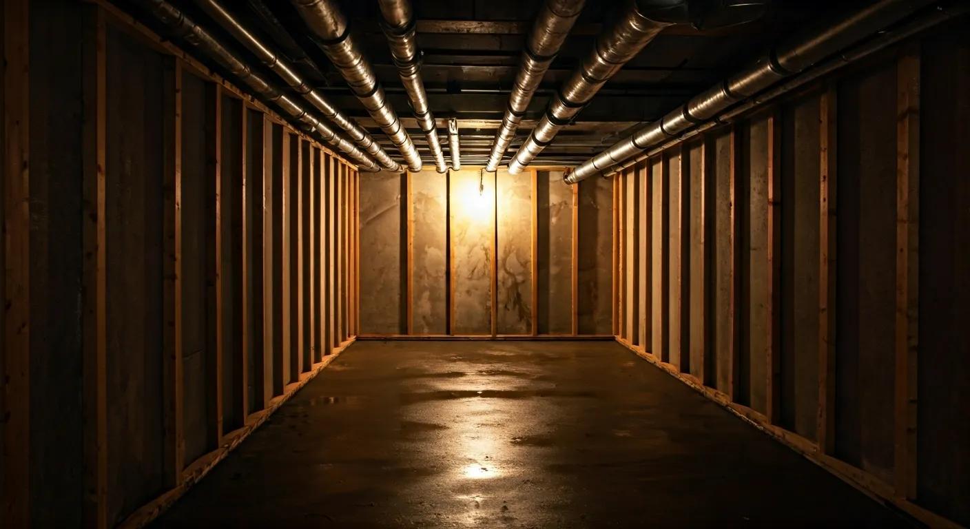 a dimly lit basement with visible water stains on the walls and a subtle haze suggesting mold growth, conveying a sense of urgency and the need for immediate waterproofing inspection to prevent damage.