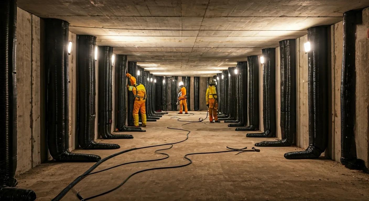 a modern basement undergoing professional waterproofing repairs is showcased, featuring workers in protective gear methodically applying waterproofing solutions to the walls, illuminated by bright industrial lights in a clean, organized urban setting.