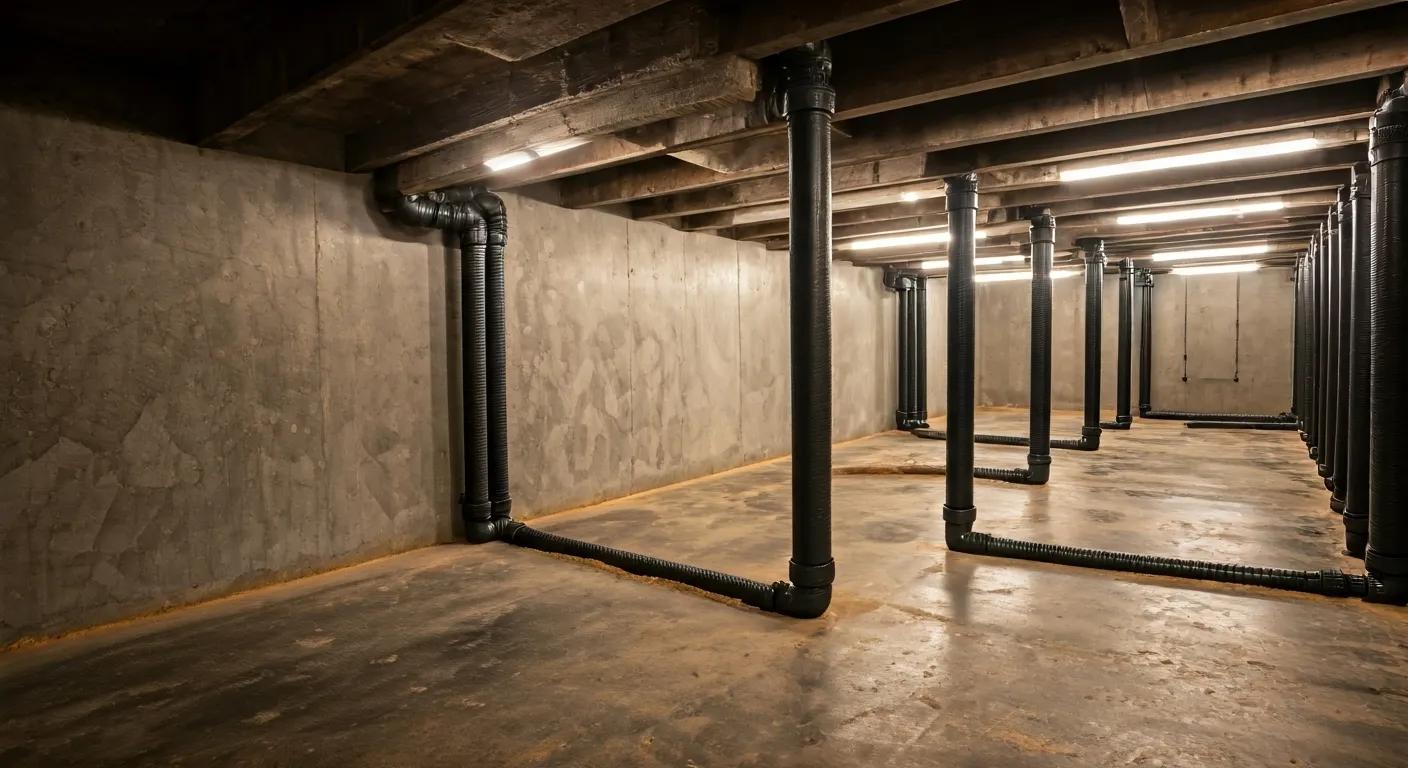 a sleek, modern basement displaying advanced waterproofing technology, with professionally installed drainage systems and bright, confident lighting, emphasizing the protective measures against flooding and illustrating the value of home investment in rockford, il.