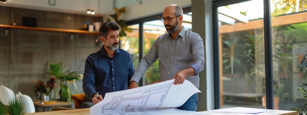 a professional contractor and a homeowner stand in a modern, well-lit office space, examining a large blueprint of waterproofing solutions while discussing options illustrated by vivid colored overlays that highlight different methods and potential outcomes.