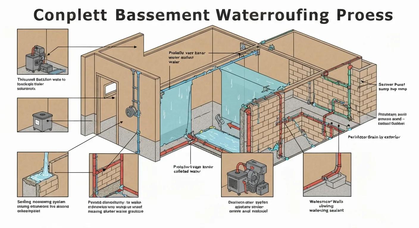 Detailed illustration of the basement waterproofing process, from initial assessment to system installation and final sealing.