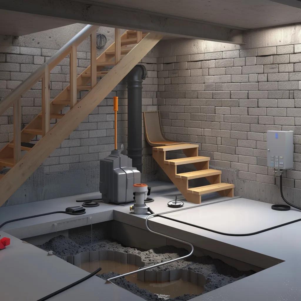 Modern basement waterproofing setup with sump pump and drainage system