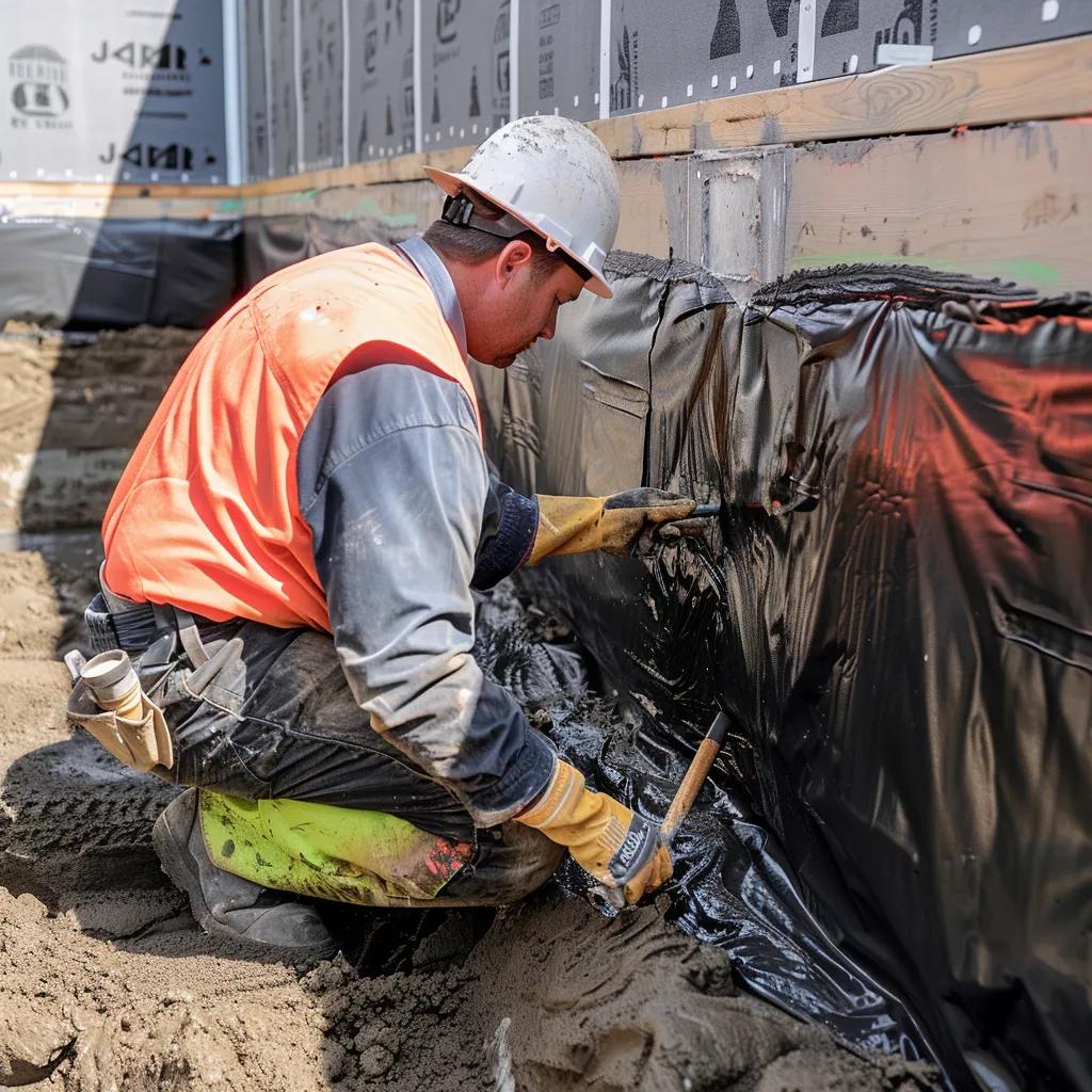 Construction worker applying exterior waterproofing membrane on foundation wall