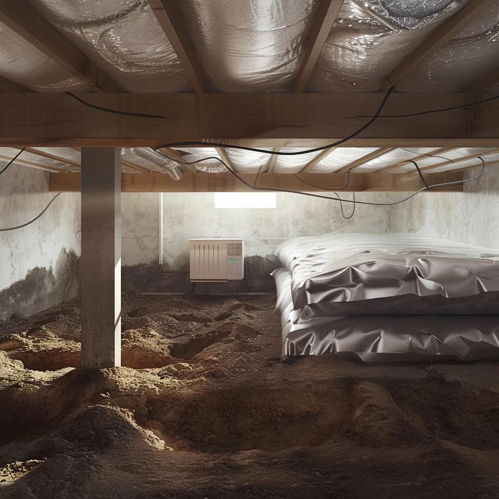 Crawl space encapsulation with vapor barrier and dehumidifier
