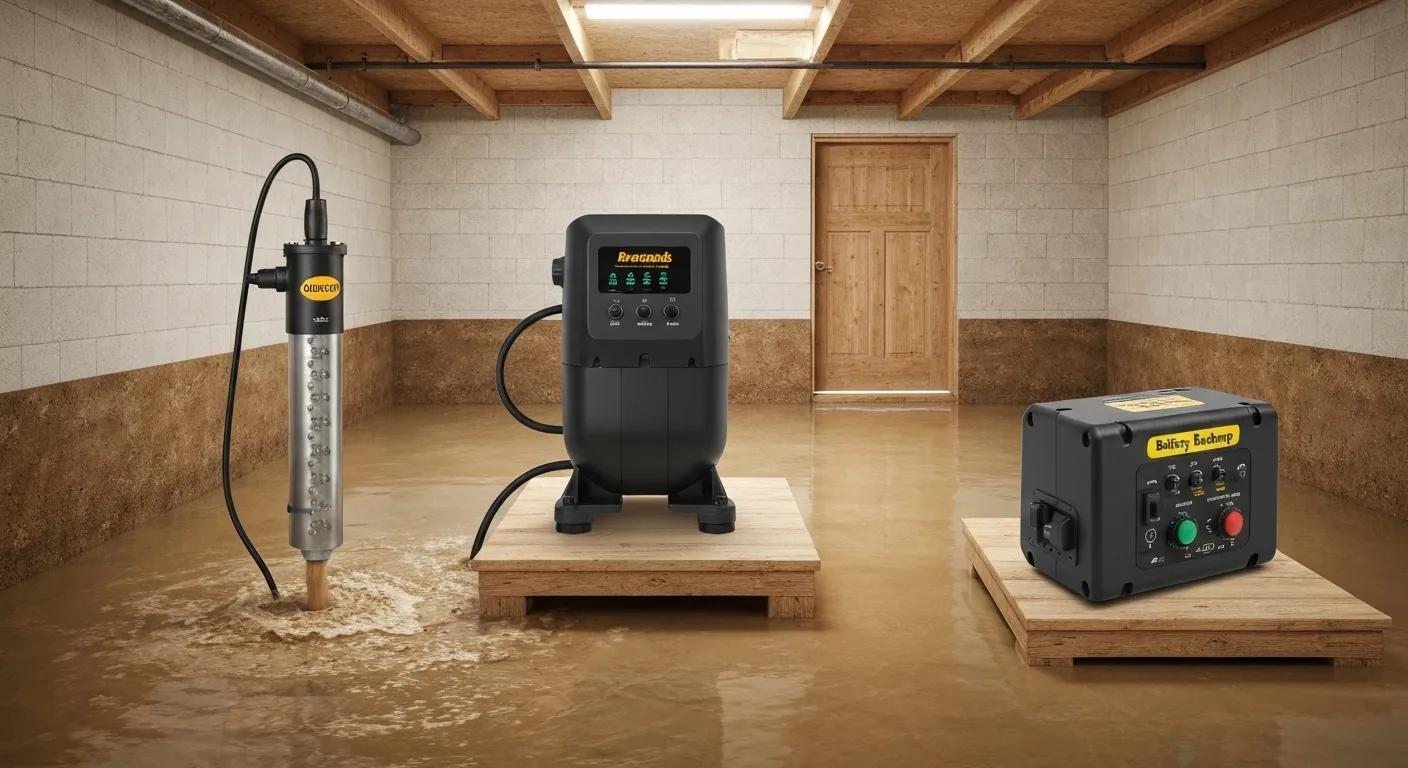 Different types of sump pumps including submersible, pedestal, and battery backup pumps for basement waterproofing