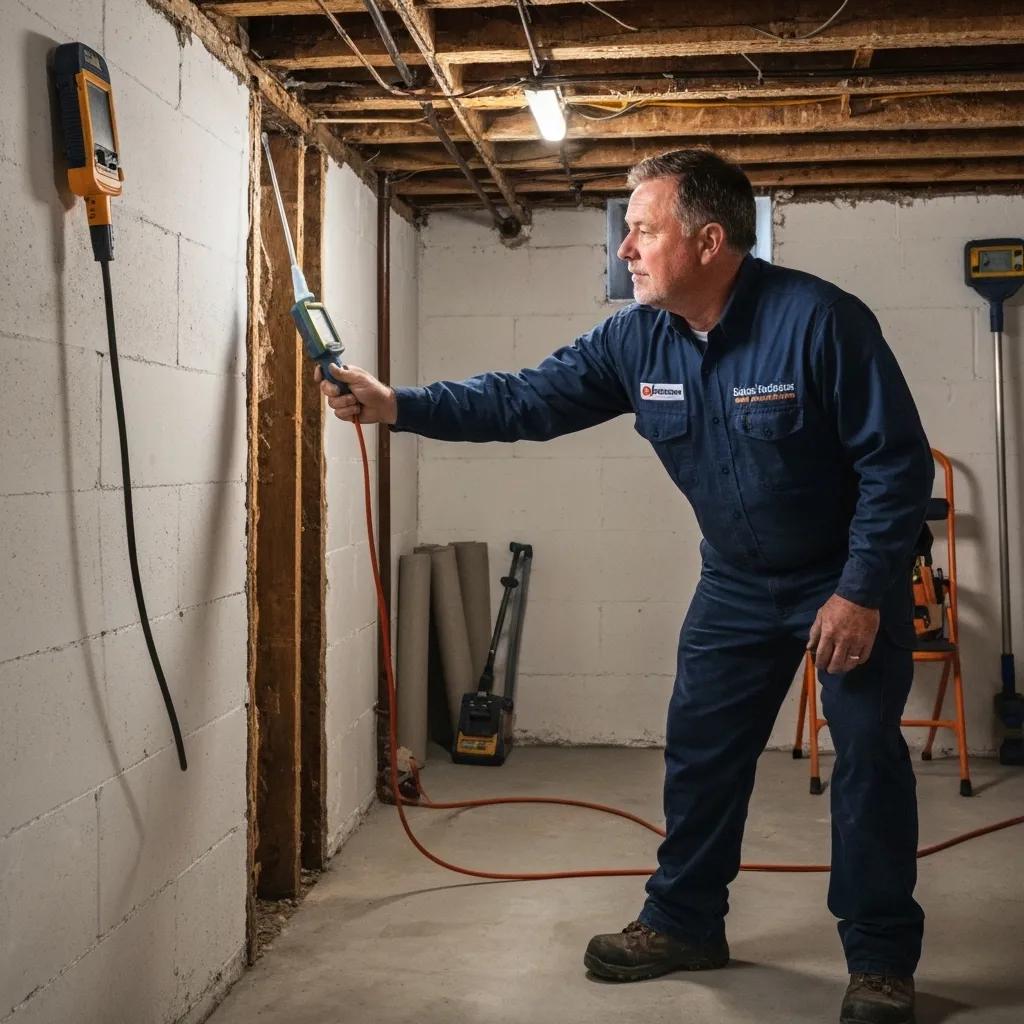 Local waterproofing contractor inspecting a basement wall for moisture detection