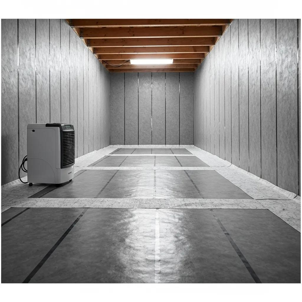 Crawl space encapsulation with vapor barrier and dehumidifier installed