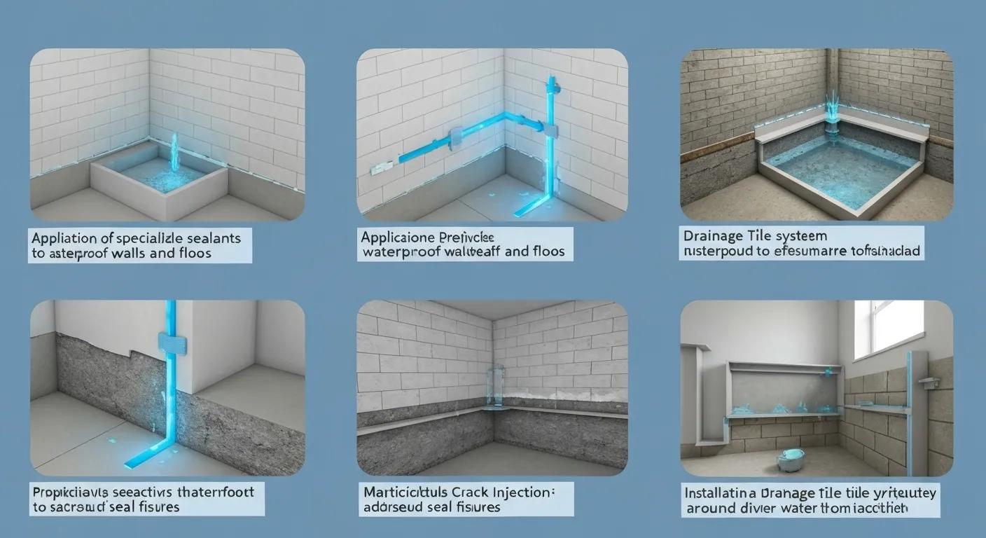 Visual representation of cost-effective basement sealing methods including sealants, crack injections, and drain tile systems