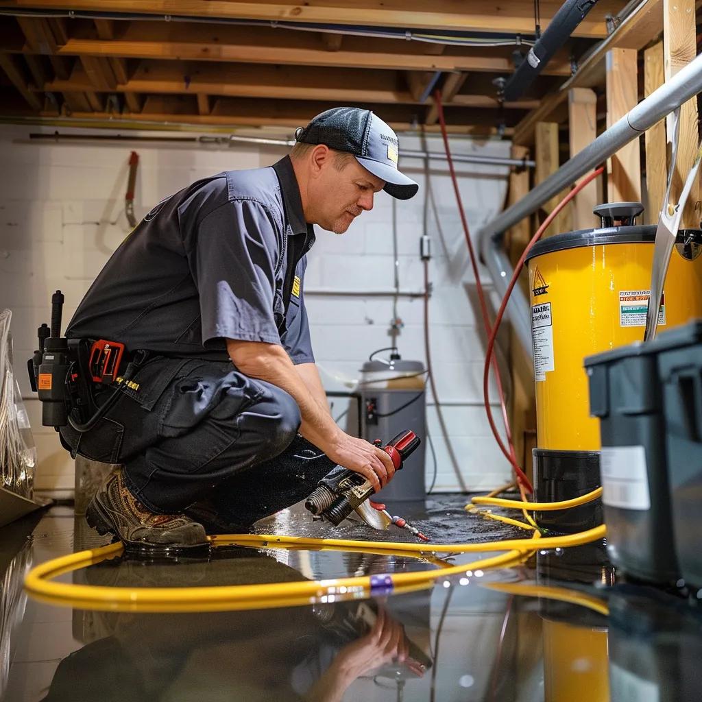 Technician installing a sump pump in a Rockford basement